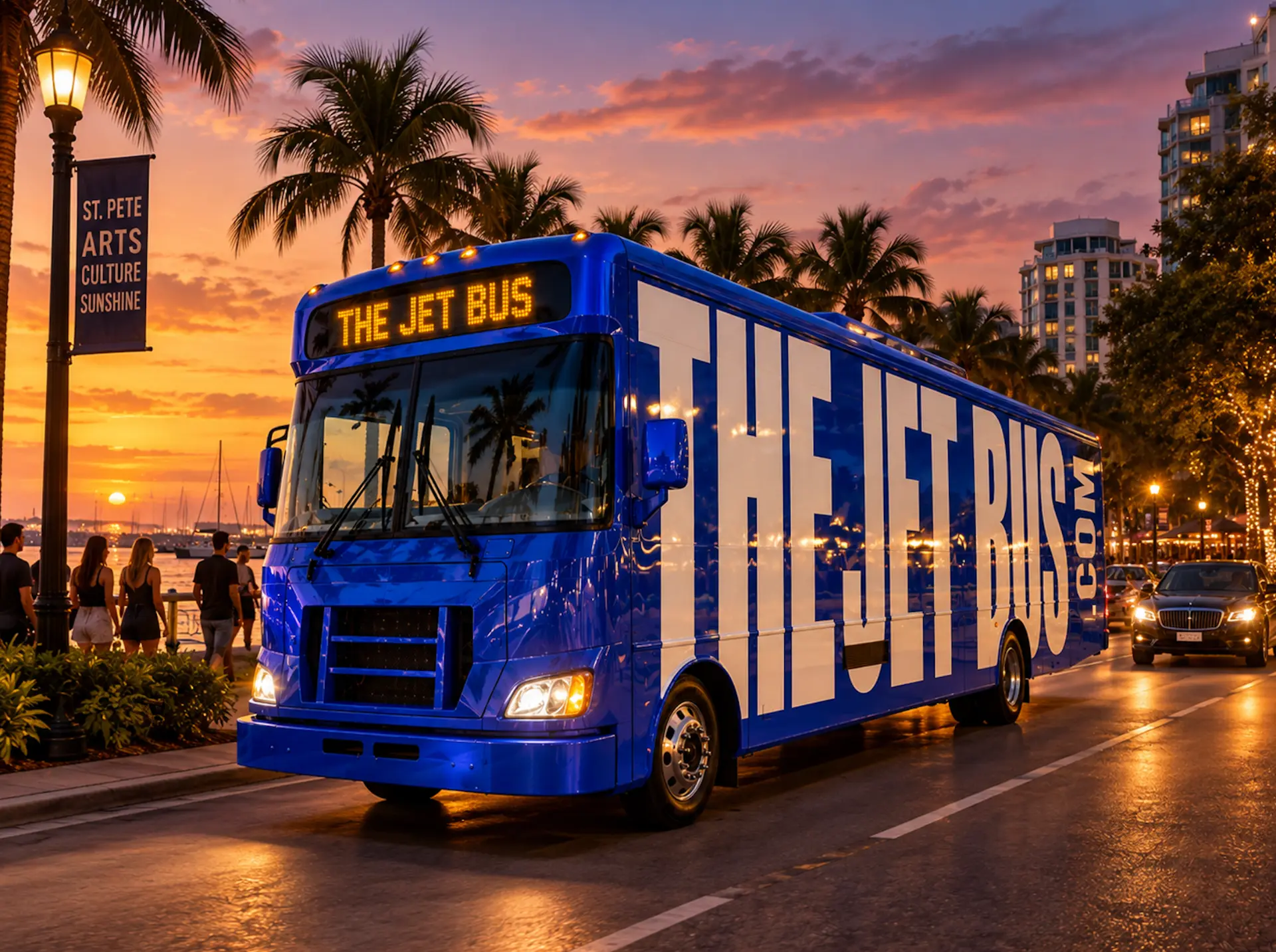 THE JET BUS electric blue exterior in the city at golden hour