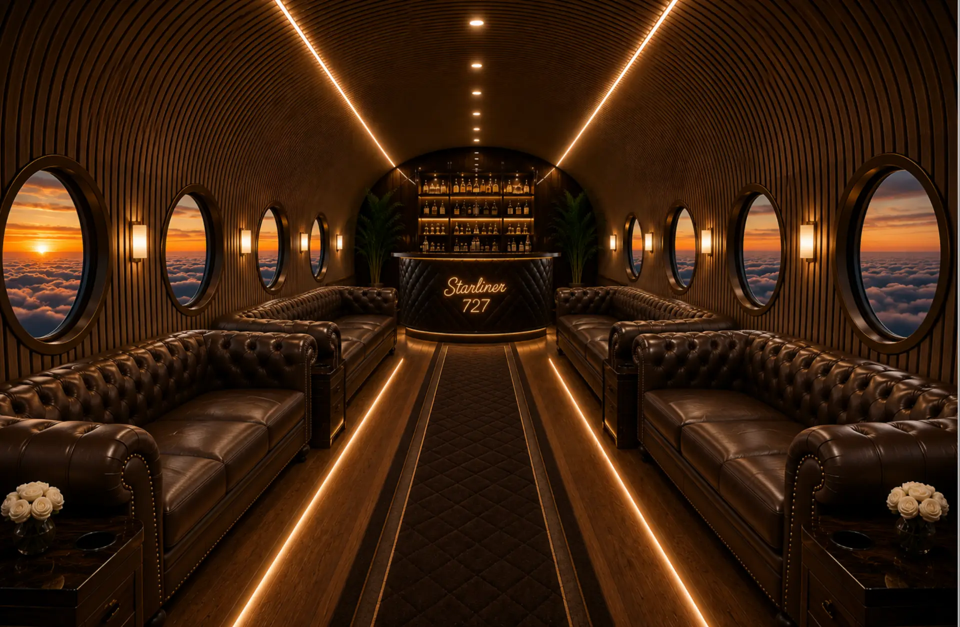 Starliner cabin lounge with tufted leather seating